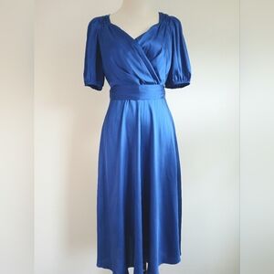 New Without Tags-DKNY-faux-wrap-Midi dress-puff sleeves -tie waist -blue -Size 8